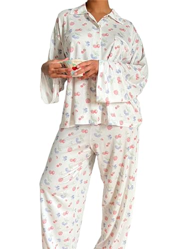 Springcmy Y2K Damen-Schlafanzug-Set, Blumenmuster, langärmelig, Button-Down-Shirt, weites Bein, Palazzo-Hose, Outfits, passende Loungewear, 2 Stück, A-weiß, 38 von Springcmy