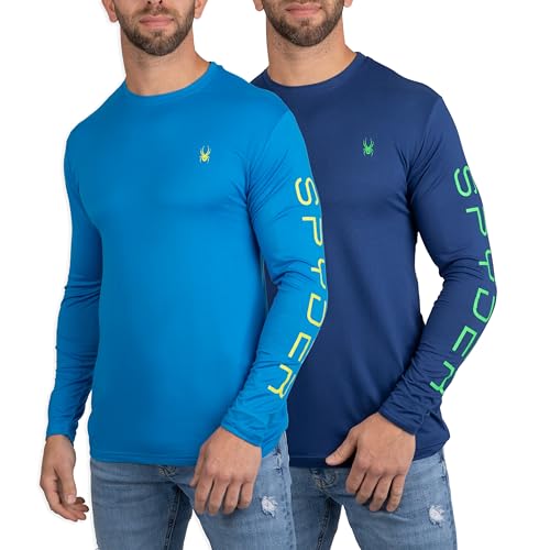 Spyder Herren-Unterhemden mit Rundhalsausschnitt, langärmelig, ultraweich, Stretch, Sport-T-Shirt, Dry Fit, athletisch, Laufen, Workout Shirts, Hellblau / Dunkelblau, Mittel von Spyder