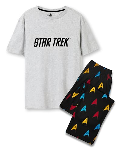 Star Trek Herren Pyjama Set | Erwachsene Klassisches graues kurzärmeliges Grafik-T-Shirt mit Logo und schwarzes Pyjama mit Allover-Print | Badge Loungewear Trekkie Bekleidung | Sci-Fi Film Merchandise von Star Trek