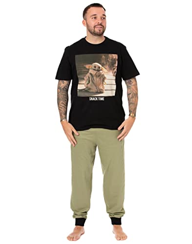 Star Wars Mandolorian Herren Pyjama | Baby Yoda Character Lounge Hose und T-Shirt Schwarz/Khaki Pyjama Set | Nachtwäsche Geschenke für Ihn Fanartikel von Star Wars