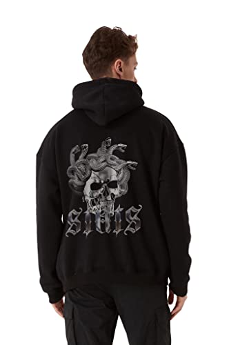 Medusa Fitted Oversized Heavy Men Zip Hoodie, Kapuzenpullover mit Fronttasche, Dropped Shoulders Streetwear Ziphoodie, Baumwolle Premium Herren Pullover (XXL, Schwarz) von Stats