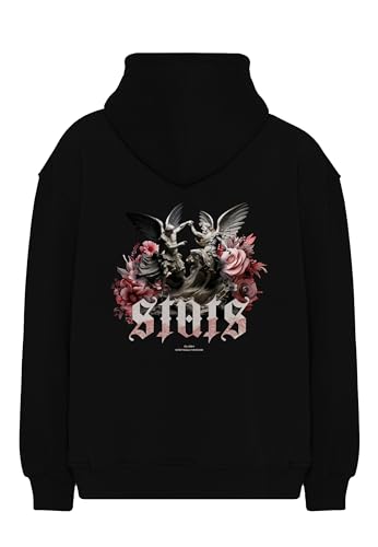 Stats Clash Oversized Heavy Men Hoodie, Kapuzenpullover mit Fronttasche, Dropped Shoulders Streetwear Hoodie, Baumwolle Herren Pullover (M, Schwarz) von Stats