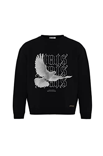 Stats Pigeon Fitted Oversized Heavy Men Sweatshirt, Rundhals-Ausschnitt mit Dropped Shoulders Streetwear Sweatshirt, Baumwolle Herren Pullover (3XL, Schwarz) von Stats