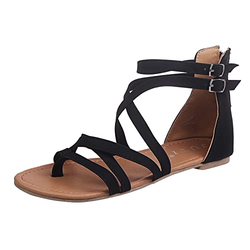 Bequeme lässige Gladiator-Sandalen für Damen eleganter Knöchelriemen niedriger Keil Komfort Reißverschluss hinten Sommer Strand flache Sandalen römische Lederkleid Sandale offene Zehen Partyschuhe von Stay&me