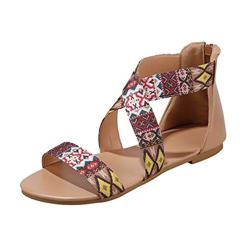 Bequeme lässige Gladiator-Sandalen für Damen eleganter Knöchelriemen niedriger Keil Komfort Reißverschluss hinten Sommer Strand flache Sandalen römische Lederkleid Sandale offene Zehen Partyschuhe von Stay&me