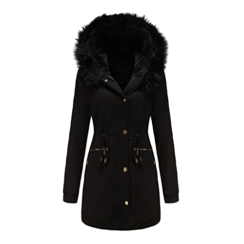 Damen Winter Parka mit Kapuze Lang Warm Steppmantel Kunstfell Einfarbig Warme Wintermantel Steppjacke Trenchcoat Outdoorjacke Fleecejacke Winterparka Softshelljacke mit Taschen von Stay&me