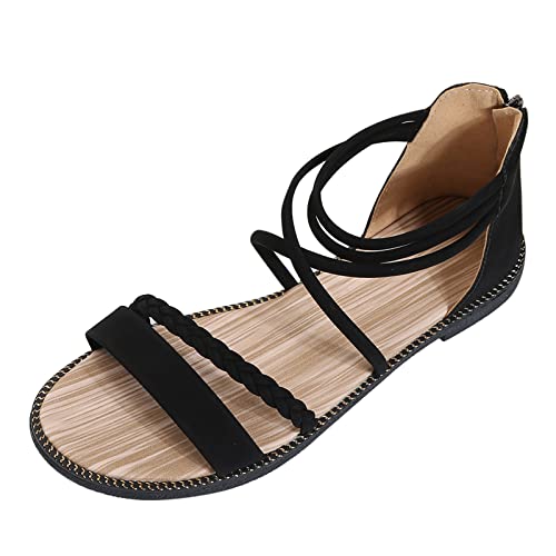 Gladiator-Sandalen mit Riemchen für Damen lässig Strand Sommer Böhmen flache Sandale Reißverschluss hinten gewebt Crossover geflochten Knöchelriemen Komfort offenes Zehenkleid flache Reiseschuhe von Stay&me