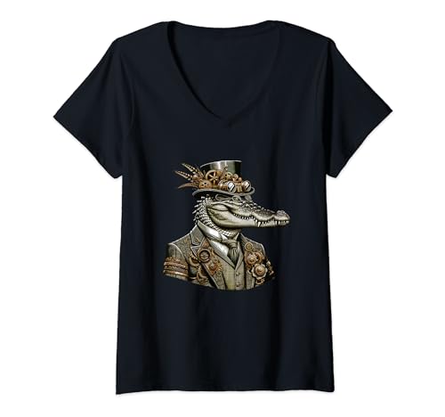 Steampunk Krokodil Damen Herren Kinder Steampunk Krokodil T-Shirt mit V-Ausschnitt Steampunk Krokodil Damen Herren Kinder Steampunk Krokodil T-Shirt mit V-Ausschnitt von Steampunk Designs Women Men Kids