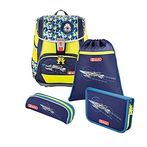 Step by Step Schulranzen-Set 2IN1 DIN Space Pirate“ 4-teilig, blau-schwarz, Raumschiff-Design, ergonomischer Tornister mit Reflektoren, höhenverstellbar mit Hüftgurt, Jungen, 1. Klasse, 19L von Step by Step