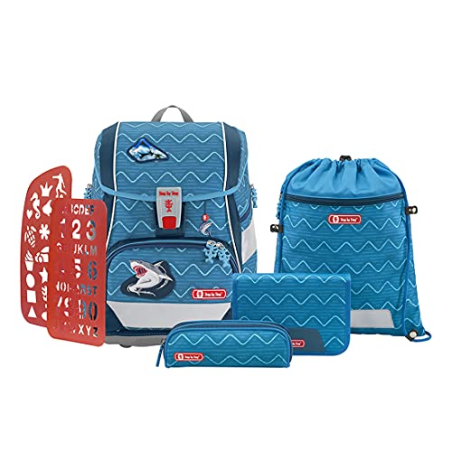 Step by Step Schulranzen-Set 2IN1 PLUS „Angry Shark“ 6-teilig, blau, ergonomischer Tornister mit Reflektoren, höhenverstellbar mit Hüftgurt für Jungen und Mädchen ab der 1. Klasse, 19L von Step by Step