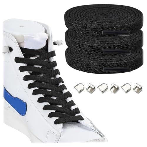 Stepace 3 Paar Flache Elastische Schnürsenkel für Sneaker, 8 mm Breit Elastische Schnürsenkel ohne Binden für Kinder und Erwachsene Schwarz 140 von Stepace