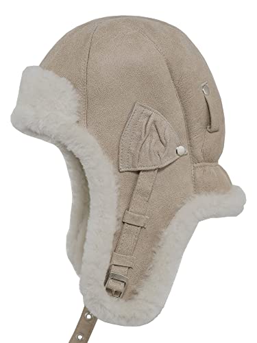 Sterkowski Bomber Aviatormütze | Hochwertige Lamfell Wintermütze | pilotenmütze Herren wintermütze Herren russische mütze Damen mütze jagdhut Herren Ushanka Herren Flieger Cap 59 cm Beige von Sterkowski