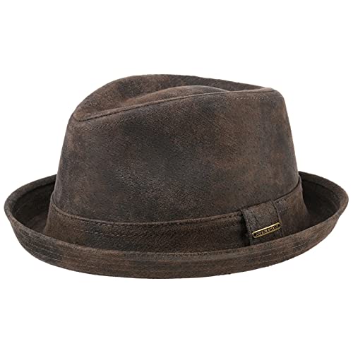 Stetson Radcliff Player Lederhut Damen/Herren - Pork Pie aus Leder - Fedora-Hut mit Futter aus Baumwolle - Player-Hut mit Krempe - Einfarbiger Ledertrilby Sommer/Winter braun XXL (62-63 cm) von Stetson