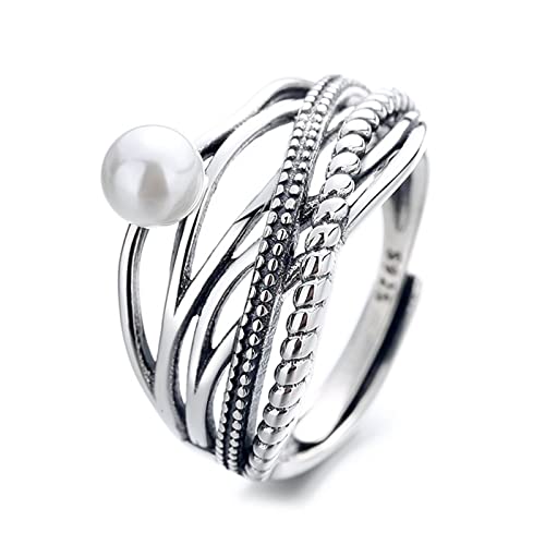 Ring Modern, Verlobungsring Damen Verstellbar 925 Silber Schlicht Perle Multi-Layer-Interleaving Herren Schmuck Geschenk von Stfery