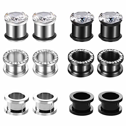 Stfery Flesh Ohr Tunnel 14mm, 12 Stk Tunnel Chirurgenstahl Silber Schwarz Ohr Plug Herren Silber Schwarzer Reifen Mit Zirkon von Stfery