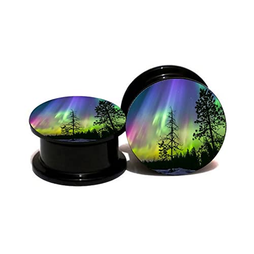 Stfery Ohr Plug Herren 14mm, 2 Stk Flesh Tunnel Acryl Schwarz Plug Ohrringe Damen Mit Aurora Und Bäumen Muster von Stfery