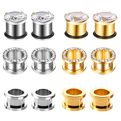 Stfery Ohr Plug Herren 5mm, 12 Stk Ohr Plugs Chirurgenstahl Silber Gold Plug Ohrringe Damen Silber Gold Reifen Mit Zirkon von Stfery