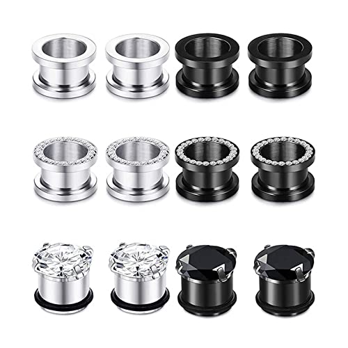 Stfery Ohrringe Plugs Männer 6mm, 12 Stk Edelstahl Ohr Plugs Silber Schwarz Tunnel Ohrringe Herren Silber Schwarzer Reifen Mit Zirkon von Stfery