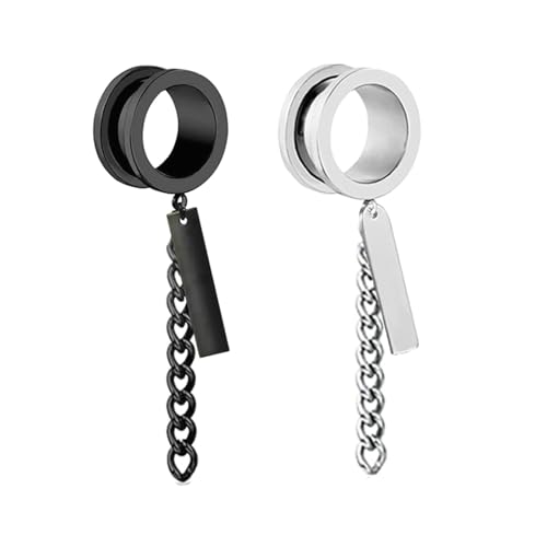 Stfery Plugs 12mm, 2 Stück Flesh Tunnel Titan Silber Schwarz Mit Kette Und Rechteck Anhänger Ohr Plug Männer von Stfery