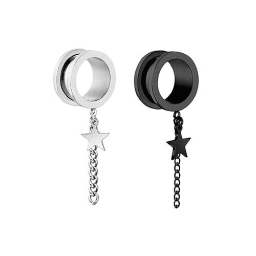 Stfery Plugs 16mm, 2 Stück Ohr Tunnel Edelstahl Silber Schwarz Mit Kette Und Stern Anhänger Tunnel Ohrringe Damen von Stfery