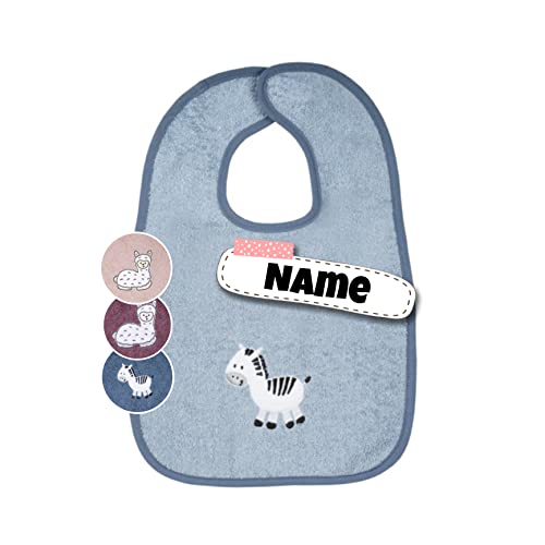 Baby Lätzchen mit Klettverschluss | bestickt mit Namen | Riesen Lätzchen | Baby Latz | personalisiert | Spucktücher Baby | Baby Erstausstattung (hellblaues Zebra) von Stickling
