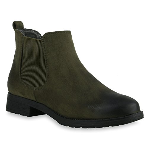 stiefelparadies Damen Stiefeletten Chelsea Boots Gefütterte Ankle Booties Klassische Wildleder-Optik Schuhe Profil 121129 Khaki 42 Flandell von stiefelparadies