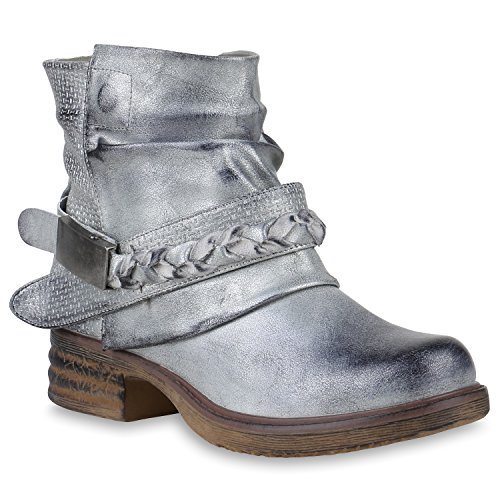 Damen Stiefeletten Biker Boots Schnallen Metallic Schuhe 147510 Silber 38 Flandell von stiefelparadies