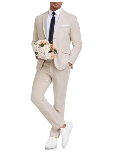 Einreihiges 2-teiliges Blazerhosen-Set aus Leinen für Herren, klassische Passform, Revers, formelle Anzüge, Smoking, beige, 3XL Einreihiges 2-teiliges Blazerhosen-Set aus Leinen für Herren, klassische Passform, Revers, formelle Anzüge, Smoking, beige, 3XL von Stillluxury