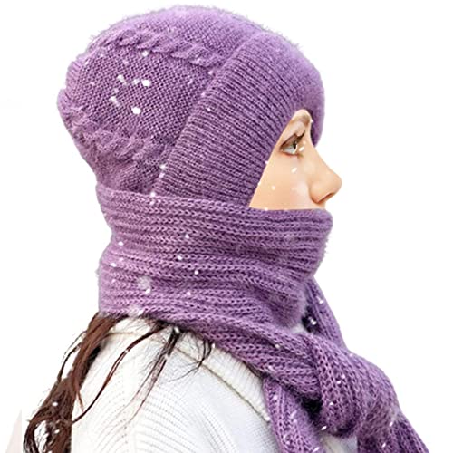 2 in 1 Wintermützen mit Kapuze für Damen | Integrierter Gehörschutz Winddichte Mütze Schal Sturmhaube | Beanie Mütze gestrickt Verdickung mit Nackenwärmer | Warme Mütze Winter Essentials von Storaffy