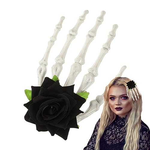 Storaffy Skelett Hand Haarspange,Rose Blume Gothic Horror Hand Knochen Haarspange | ABS-Legierung, langlebig, dehnbar, seitlicher Clip, lichtbeständig, rostfrei, Haarnadeln, Cosplay-Party-Geschenk von Storaffy