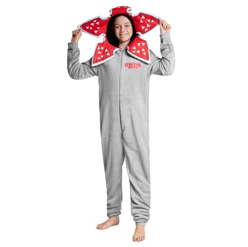 Stranger Things Onesie Kinder von 9-15 Jahren - Einteiler Mädchen Mit Sherpa-gefütterter Kapuze, Onesie für Teenagers (Grau, 9-10 Jahre) von Stranger Things