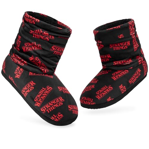 Stranger Things Winter Hausschuhe Damen - Rutschfester, Reißverschluss, Größe 34-41- Flauschige Bootie Hausschuhe (Schwarz/Rot, 34-35 EU) von Stranger Things