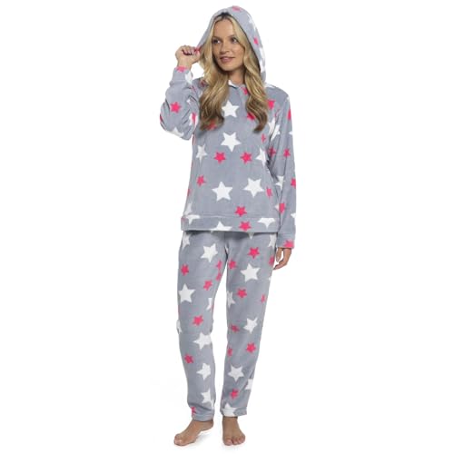 Damen-Pyjama-Set mit Kapuze, Sternenmuster, Fleece, weich, warm, PJ Twosie, Loungewear, Nachtwäsche, Thermo-Wintergeschenk, Grauer Stern, X-Large von Style It Up