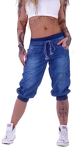 Capri 3/4 Harem Jeans Hose Baggy Boyfriend Pluderhose Blau S 36 M 38 L 40 XL 42 XXL 44 gr größe size pluder baggyhose hosen hose locker lässig niedrig sportlich tief gummibund gummi capri kurz von Style-Station