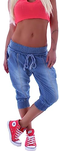 Capri 3/4 Harem Jeans Hose Baggy Boyfriend Pluderhose Blau S 36 M 38 L 40 XL 42 XXL 44 gr größe size pluder baggyhose hosen hose locker lässig niedrig sportlich tief gummibund gummi capri kurz von Style-Station