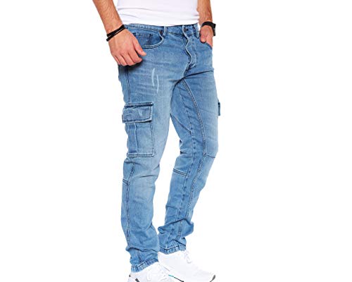 Styleko Herren Cargo Jeans Hose Herren Jeans Hose für Männer Jungen Regular Slim fit Denim Destroyed Jogger Freizeithose Casual Jeans Pants Jeans Herren Stretch| 7 Tasc 8004 (Light Blue- Guertel, 34) von Styleko