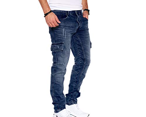 Styleko Herren Cargo Jeans Hose Herren Jeans Hose für Männer Jungen Regular Slim fit Denim Destroyed Jogger Freizeithose Casual Jeans Pants Jeans Herren Stretch| 7 Taschen 8003 (Dark Blue, 31/32) von Styleko