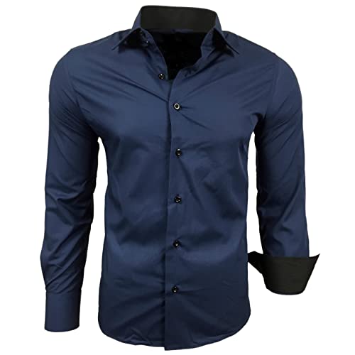 Subliminal Mode – bügelleichtes Hemd Herren Kragen zweifarbig Uni Langarm Slim Business Geschenkidee Weihnachten Valentinstag RN44, marineblau, XXXXXXL von Subliminal Mode