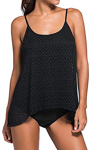 Sucor Damen Sportlich Tankini Mesh Badeanzug Zweiteilig Badeanzüge Elegantes Swimsuit Beachwear mit Bikinislip Plus Size(2XL,Schwarz) von Sucor