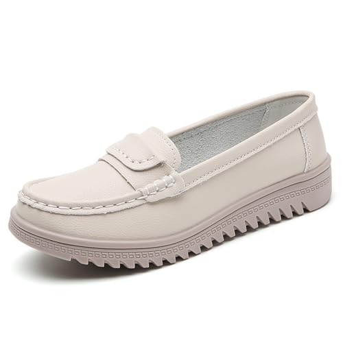 Sudychen Damen Loafer Schuhe Leder Bequeme Mokassins Plateau Schuhe Slip On Walking Flache Schuhe Casual Slippers Sommer Beige Schwarz von Sudychen