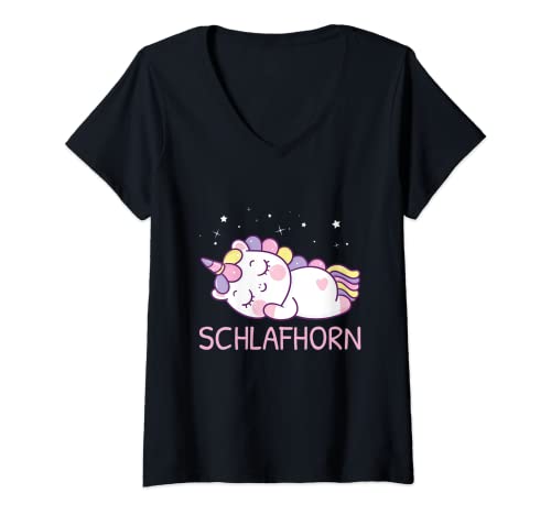 Damen Schlafendes Einhorn Schlafhorn Pyjama Schlafanzug T-Shirt mit V-Ausschnitt von Süße Einhorn Schlafkleidung Geschenke