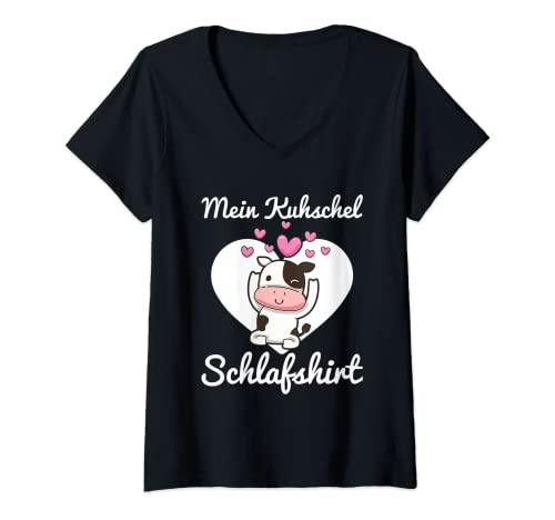 Damen Mein Kuhschel Schlafshirt Kuscheln Herz Kuh Landwirt Schlaf T-Shirt mit V-Ausschnitt von Süße Kuh Schlafkleidung