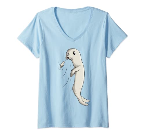 Damen Robbe Seelöwe Seehund Robben Kinder Mädchen Jungen Damen T-Shirt mit V-Ausschnitt von Süße Robbe Geschenkideen
