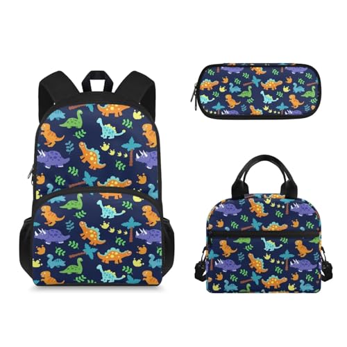 Suhoaziia 3-teiliges Rucksack-Set mit Lunchbox und Federmäppchen, für Mädchen und Jungen, leichte Schultasche, Cartoon Dinosaurier, Tagesrucksäcke von Suhoaziia