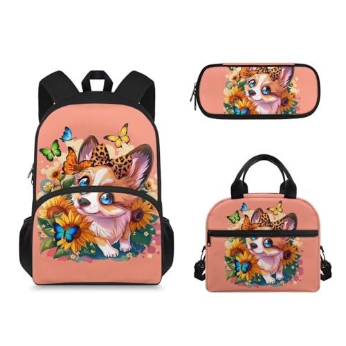 Suhoaziia 3-teiliges Rucksack-Set mit Lunchbox und Federmäppchen, für Mädchen und Jungen, leichte Schultasche, Corgi Butterfly, Tagesrucksäcke von Suhoaziia