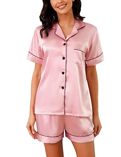 Sumeyuyu Nachthemd Damen Nachtkleid Satin V-Ausschnitt Pyjama Sets Hausanzug Nachtwäsche Negligee mit Knöpfen von Sumeyuyu