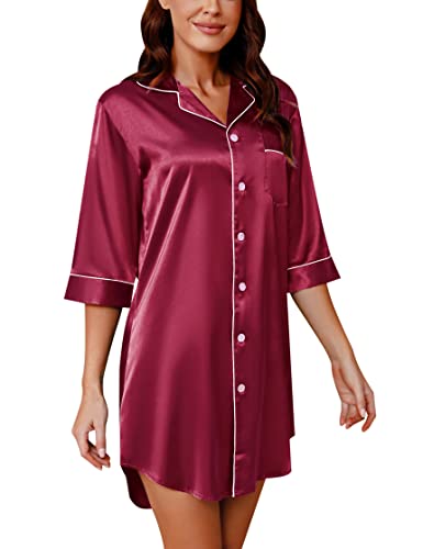 Sumeyuyu Nachthemd Damen Nachtkleid Satin V-Ausschnitt Sexy Nachtwäsche Sleepwear mit Knöpfen von Sumeyuyu