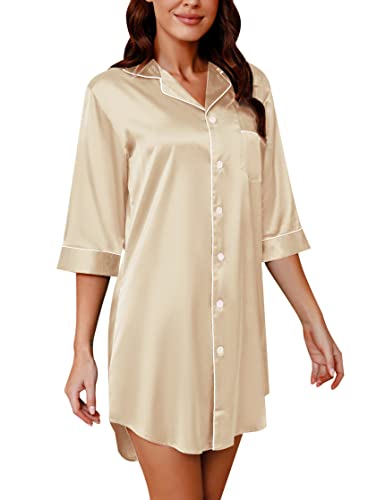 Sumeyuyu Nachthemd Damen Nachtkleid Satin V-Ausschnitt Sexy Nachtwäsche Sleepwear mit Knöpfen von Sumeyuyu