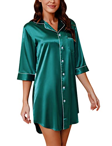 Sumeyuyu Nachthemd Damen Nachtkleid Satin V-Ausschnitt Sexy Nachtwäsche Sleepwear mit Knöpfen von Sumeyuyu