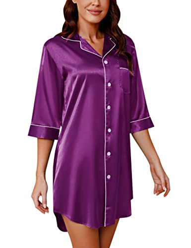 Sumeyuyu Nachthemd Damen Nachtkleid Satin V-Ausschnitt Sexy Nachtwäsche Sleepwear mit Knöpfen von Sumeyuyu